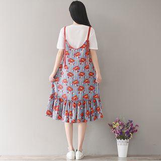 Set: T-shirt + Floral Ruffle Midi-dress