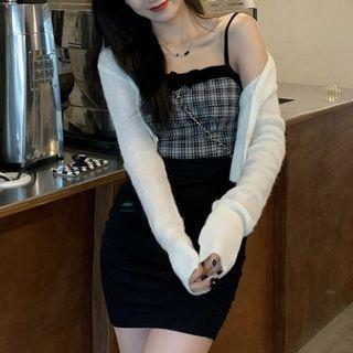 Plaid Panel Suspender Skirt / Plain Cardigan