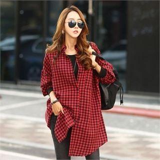 Pocket-front Loose-fit Gingham Shirtdress