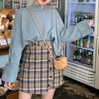 Mock Neck Sweater / Plaid A-line Skirt