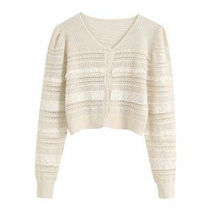 Crochet Panel V-neck Cropped Knit Cardigan