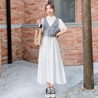Set: Elbow-sleeve Midi A-line Shirtdress + Plaid Wrap Vest