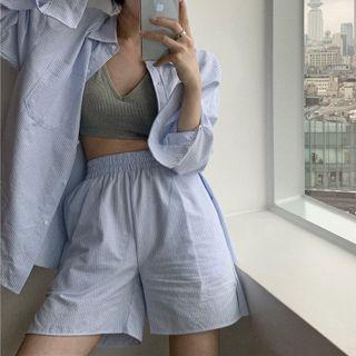 Crop Tank Top / Pinstriped Shirt / Shorts