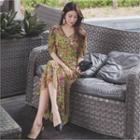 Elbow-sleeve Long Floral Dress