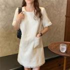 Short-sleeve Tweed Tasseled Trim A-line Dress