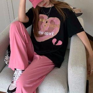 Elbow-sleeve Graphic Print T-shirt / Straight Leg Pants