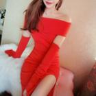 Set: Off-shoulder Midi Sheath Dress + Gloves