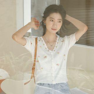 Short-sleeve Flower Embroidered Knit Top White - One Size