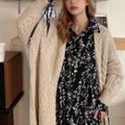 Floral Print Long-sleeve Dress / Cable-knit Loose-fit Cardigan