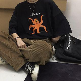 3/4-sleeve Octopus Print T-shirt Black - One Size