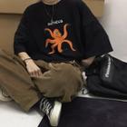 3/4-sleeve Octopus Print T-shirt Black - One Size