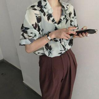 Elbow-sleeve Floral Print Shirt Light Green - One Size