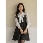 Tie-neck Tweed Flared Dress