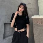 Short-sleeve Asymmetrical Knit Top Black - One Size