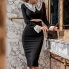 Lace Collar Cutout Long-sleeve Sheath Dress