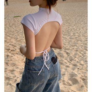 Short-sleeve Mock-neck Plain Open-back Cropped Top White - One Size