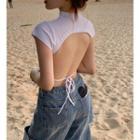 Short-sleeve Mock-neck Plain Open-back Cropped Top White - One Size