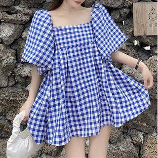 Puff-sleeve Check Mini A-line Dress Blue - One Size