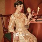 3/4-sleeve Sequin Fringed Embroidered Qipao Wedding Gown