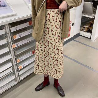Floral Print Corduroy Straight-fit Midi Skirt