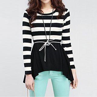 Long-sleeve Paneled Hem Stripe Top