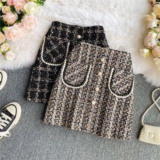 Faux-pearl Checked Tweed Mini Skirt