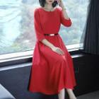 3/4-sleeve Plain Midi A-line Dress