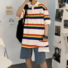 Couple Matching Elbow-sleeve Rainbow Stripe Polo Shirt