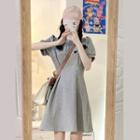 Short-sleeve Heart Embroidered A-line Polo Dress Gray - One Size