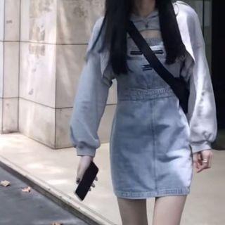 Plain Cropped Hoodie / Denim Mini Sheath Pinafore Dress / Set