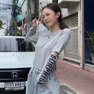 Long Sleeve Ripped Lettering Printed T-shirt Gray - One Size