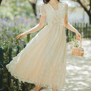 Short-sleeve Sailor Collar Bow Midi A-line Lace Dress