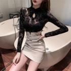 Long-sleeve Mandanrin Collar Lace Top / Mini Fitted Skirt