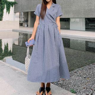 Short-sleeve Notch Lapel Gingham Midi A-line Dress