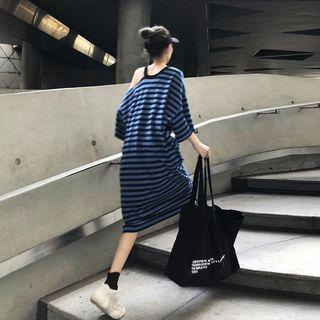 3/4-sleeve Cold Shoulder Striped A-line Midi Dress
