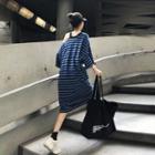 3/4-sleeve Cold Shoulder Striped A-line Midi Dress