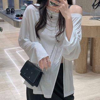 Set: Asymmetrical Cold-shoulder Slit T-shirt + Bandeau