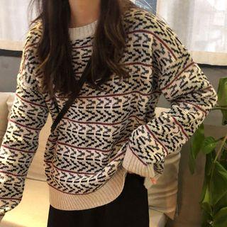 Long-sleeve Oversize Printed Knit Sweater As Shown In Figure - One Size