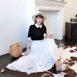 Set: Short-sleeve Collared Knit Top + A-line Fringe Midi Skirt