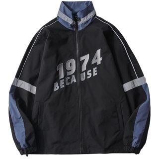 Stand-collar Color Block Letter Embroidered Jacket