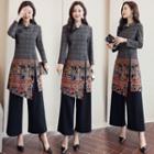 Set: Printed Slit Qipao Top + Wide-leg Pants