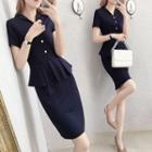 Short-sleeve V-neck Peplum Dress
