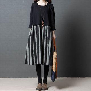 Striped Panel 3/4-sleeve Midi A-line Dress