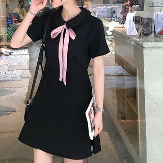 Short-sleeve Tie-neck A-line Mini Dress
