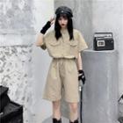 Short Sleeve Drawstring Waist Playsuit As Shown In Figure - One Size