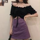 Mini A-line Skirt / Ruched Front Off-shoulder Cropped Top