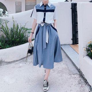 Mock Two-piece Short-sleeve Two-tone Midi A-line Shirtdress