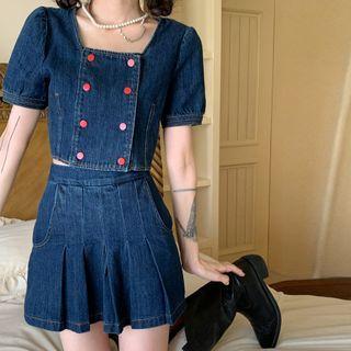 Square-neck Denim Crop Top / Pleated Mini A-line Skirt