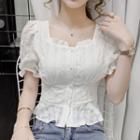 Puff-sleeve Square-neck Ruffled-trim Chiffon Shirt