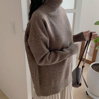 Turtle-neck Drop-shoulder Knit Top Brown - One Size
